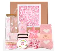 Birthday Gifts for Teen Girls, Happy Birthday Gift Basket for Women, Cute Gift Basket for Teenage Girl Sister Friend Daughter Niece, Pink Bow Glass Cup with Straw for 14 15+ Year Old Girl Gifts