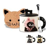 Birthday Gifts for Women Cute Black Cat Mugs with Lids Spoon Coaster Kawaii Kitty Coffee Mug Cat Mugs for Cat Lovers Halloween Christmas Gifts for Her Girls Mum Friend Kid Mothers Day Cat Gifts