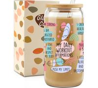 Birthday Gifts for Women Friendship, Inspirational Gifts for Friends, 16 Oz Drinking Glass Cups Tumbler W Lids Straws - Positive Daily Workout Affirmations Iced Coffee Cups, Fitness Workout Accessory