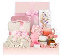 Birthday Gifts for Women, Knitted Tassel Throw Blanket Pink Gift Basket with Handmade Crocheted Potted Plants and Flower Coasters, Inspirational Mothers Day Gifts for Mom Her Wife Friend Grandma