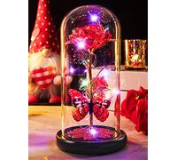 Birthday Gifts for Women Mom, Galaxy Glass Rose Forever Eternal Crystal Flower Light Up Rose in Glass Dome with Butterfly Mothers Day Anniversary Christmas Rose Gift for Her Wife Daughter Friends Red