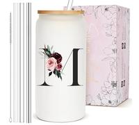 Birthday Gifts for Women, Personalized Customized Cute Glass Cups with Lids and Straws, Initial Drinking Iced Coffee Cup, Custom Letter Mug Tumbler, Monogrammed Gifts for Her Mom Woman Daughter, M