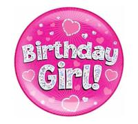 Birthday Girl Birthday Badge Pink And Silver Stars And Hearts Stars Holographic Recyclable Birthday Party Badge OTP