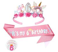 Birthday Girl Headband, 6th Floral Birthday Crown Glitter Sash and Badge Set for Birth Day Decorations Girls,Princess Crown Hats Girl Headband for Kids Princess Party Glitter Hair Band Decorations