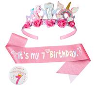 Birthday Girl Headband, 7th Floral Birthday Crown Glitter Sash and Badge Set for Birth Day Decorations Girls,Princess Crown Hats Girl Headband for Kids Princess Party Glitter Hair Band Decorations