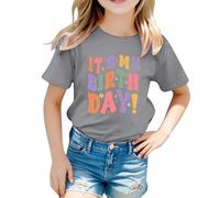 Birthday Girl Letter Yellow T Shirt Kids Girls Themed Toddler Party Crop Tops Blouse Cute Printed Tee for Girls Celebration Outfit (1-Grey, 4-5 Years)