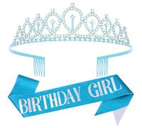 Birthday Girl Sash and Crown for Women Blue Birthay Tiara for Women Birthday Girl Princess Headband Frozen Birthday Party Decoartions cumpleaños decoracion Mujer