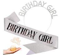 Birthday Girl Sash Headbands for Women Tiara & Crowns for Girls Happy Birthday Party Accessories Favor Cake Topper Venus Silver Black, 3 Pack
