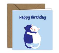 Birthday Greeting Card - Cute illustration of two hugging cats on a soft blue background, cheerful and playful, for Cat Lovers | Folded Card (15x15 cm) - with Kraft Envelope - Blank Inside