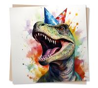 Birthday Greeting Card - Dinosaur T-Rex Wearing Party Hat - Blank Inside (135 x 135 mm) - Made in UK - With Envelope