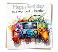 Birthday Greeting Card for Brother Gamer - Computer Games Controller Design - Blank Inside (135 x 135 mm) - Made in UK - with Envelope