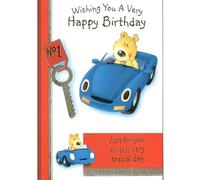 Birthday Greeting Card with Blue Car Design, Cute Bear Theme, Special Day Message, 13 x 19 cm