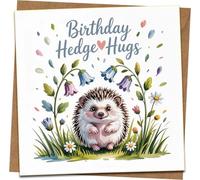 Birthday Hedge Hugs Card - Cute Hedgehog Square Greeting, 145mm x 145mm, Blank Inside, Nature Floral Design, Includes Kraft Envelope