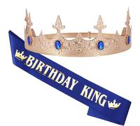 Ｎｏｏｎｈｏｒｓｅ Birthday King Crown & Tiara Sash for Men Adjustable Half Circle with Diamond Birthday Party Decorations Accessories Set for Boy Prince Gold Blue Black, 2 Pack