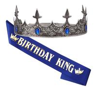 Ｎｏｏｎｈｏｒｓｅ Birthday King Crown & Tiara Sash for Men Adjustable Half Circle with Diamond Birthday Party Decorations Accessories Set for Boy Prince Silver Blue Black Gold, 2 Pack