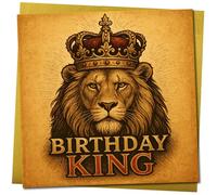 Birthday King Lion Card - Regal Crowned Lion Illustration - Square Greeting Card 145mm x 145mm - Vintage Style Birthday Includes Gold Envelope