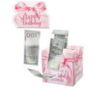 Birthday Money Box Cash Gift Pull, Pink Bow Money Gift Box with 50 Transparent Bags Money-Gift Ideas Birthday Surprise Boxes for Women Girls