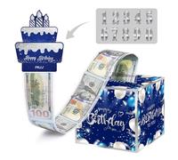 Birthday Money Box for Cash Gift, Surprise Money Roll Box Blue Silver | Birthday Surprise Cash Gift Box, Pull-out Card, 50 Cash Bags, Ideal Birthday Money Holder for Your Loved Ones