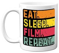 Birthday Mug Gifts for Men Women Him Her - Eat, Sleep, Film, Repeat - Funny Happy Birthday Present Gift for Movie TV Lovers, 11oz Ceramic Dishwasher Safe Premium Mugs