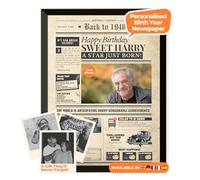 Birthday Newspaper Poster 1940 - personalised front page with photo, name & message - unique 85th birthday gift for him or her born in 1940 - vintage print, optional black frame - lasting keepsake