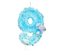 Birthday Number Candle, Blue & White Sequin Conch Pearl Shell Birthday Candle Number Cake Topper for Ocean Beach Themed Party Supplies (9)