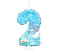 Birthday Number Candle, Blue & White Sequin Conch Pearl Shell Birthday Candle Number Cake Topper for Ocean Beach Themed Party Supplies Decoration (2)