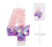 Birthday Number Candle, Pink and Purple Butterfly Birthday Candle with Sequins Cake Topper Decoration for Girls and Women Anniversary Celebrations Party Supplies (Number 4)