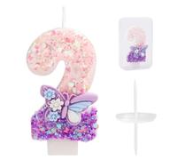 Birthday Number Candle, Pink and Purple Butterfly Birthday Candle with Sequins Cake Topper Decoration for Girls and Women Anniversary Celebrations Party Supplies (Number 2)