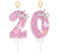 Birthday Number Candles, Pink Glittery Crown Fairy Butterfly Happy Birthday Sequin Numeral Candle Cake Topper Decorations for Wedding Party Anniversary Celebration Supplies (20th)