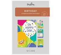Birthday - Oh Happy Day - 4 Birthday Art Design Assortment with Scripture - 12 Birthday Boxed Cards and Envelopes