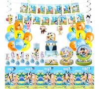 Birthday Party Decorations,101pcs Dog Birthday Tableware Supplies, Cartoon Dog Party Decorations Supplies Banner Blue Balloons Cake Topper Hanging Swirls Tablecloth Paper Cups Napkins