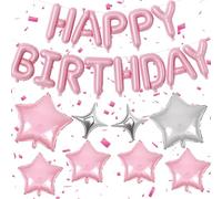 Birthday Party Decorations for Women 16 Inch Happy Birthday Balloon Banner Pink 8Pcs Star Balloons Pink Silver of 18in 10in for Girls Boys White Balloon Stick Ribbon Adhesive