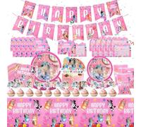 BirthDay ParTy DecoraTions Girls- Kids ParTy Tableware Set Pink Dog Birthday Party Supplies with Party Invitations Happy Birthday Banner Tablecloth Cake Topper Balloons Napkins Cups for Party Plates