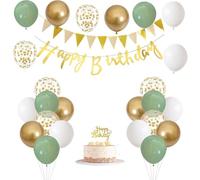 Birthday Party Decorations Kit - Green Gold White Balloon Garland with Happy Birthday Banner, Cake Topper, Bunting Flags - Elegant Reusable Decor for Men Women Adults Teens