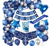 Birthday Party Decorations Men,Royal Blue Balloon Arch Kit with Happy Birthday Banner,Cake Topper,Tablecloth,Foil Confetti Balloon,Birthday Sash,Chrome Blue Silver Birthday Party Decor