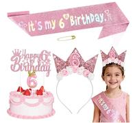 Birthday Party Decorations Set for Girls, Pink Birthday Headband Set with Glitter Sash, Cake Topper and Candle, Flower Crown for Princess Party Decorations Happy Birthdays Accessory (6TH)