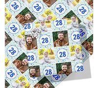 Birthday Photo Personalised Wrapping Paper- Add Your Own Photos & Any Age - Blue - 1.5M Roll