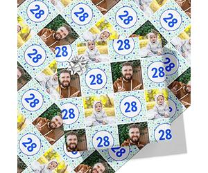 Birthday Photo Personalised Wrapping Paper- Add Your Own Photos & Any Age - Blue - 1.5M Roll