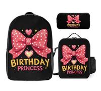 Birthday Princess 3 Pieces Set Laptop Backpack Casual Daypack with Lunch Box Pencil Case for Travel