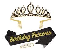 Birthday Princess Sash and Tiara for Girls,Black Gold Birthday Crown Costume Set for Birthday Gifts,Rhinestone Birthday Crown Headband and Shoulder Strap for Her Birthday Decorations Party Accessories