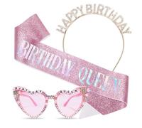 Birthday Queen Accessories Kit, Birthday Glitter Pink Sash with Heart Pearl Sunglasses and Sparkling Crystal Headband, Happy Birthday Party Accessories for Girl Women Costume Decoration (Style-02)