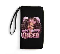 Birthday Queen African American Afro Women Long Wallet PU Leather Credit Card Holder Money Clip Purse with Hand Strap
