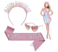Birthday Queen Glasses Kit, Birthday Girl Party Set With Pink Sash, Sparkling Birthday Queen Accessories, Includes Glasses, Sash and Headband, For Women Girls Celebration
