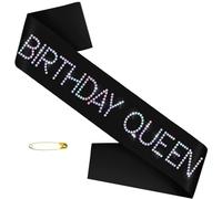 'Birthday Queen' Glitter Sash, Black Satin Birthday Queen Sash with Glitter Rhinestones Decorations for Girls or Women - 18th 21st 25th 30th 40th 50th or Any Other Bday - Great Party Favors Supplies