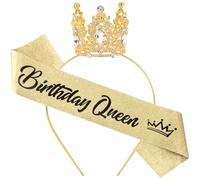 Birthday Queen Sash for Women Tiara & Crowns Headbands for Girls Happy Birthday Party Accessories Favor Supllies Leona Black Gold Pink, 2 Pack
