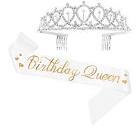Birthday Queen Sash & Rhinestone Tiara Kit - 15th 16th 17th 18th 21st 22nd 25th 30th Birthday Sash Birthday Gifts Party Favors, Supplies and Decorations (Sash&Tiara)