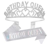 Birthday Queen Sash & Rhinestone Tiara Set Birthday Tiara and Sash for Women Birthday Decoration Kit Rhinestone Crowns for Girl Glitter Crystal Hair Accessories for Birthday Party Decors (Silver)