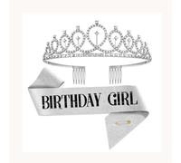 Birthday Queue Crown and Sash,Birthday Tiara Champagne Colour Sash Rhinestone Crown and Glitter Birthday Sash Crown Headband for Happy Girl's Birthday Party Black