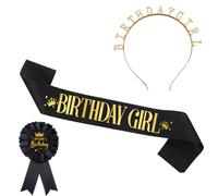 Birthday Sash,Birthday Badge,Birthday Sash for Women,Birthday Girl Sash,Birthday Girl Badge Metal Headband, Party Decoration Set (Black and Gold)