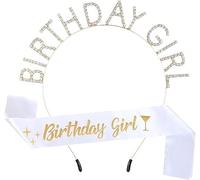 Birthday Sash & Tiara for Women - Elegant Glittering Birthday Queen Accessories, Rhinestone Tiara and Satin Sash